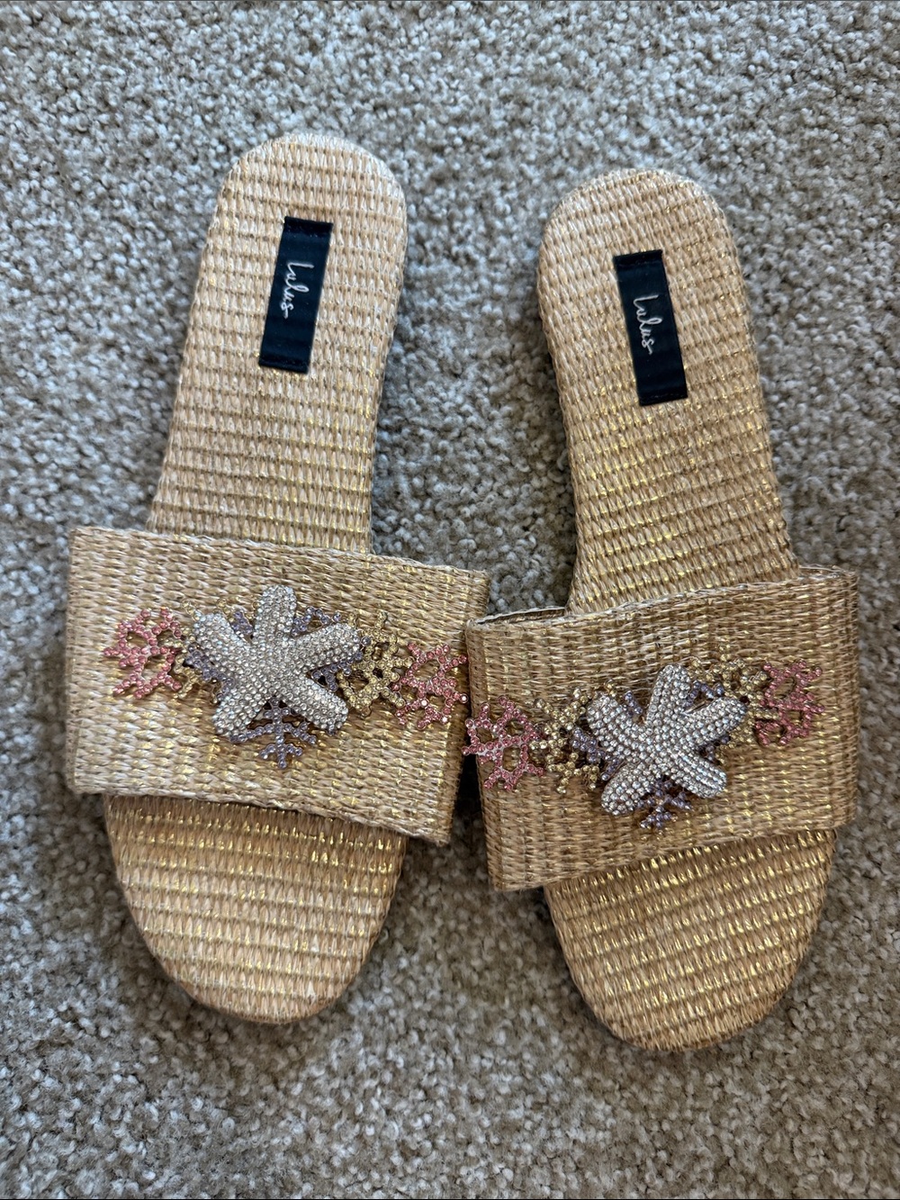 Lulus Woven Gold Slide Sandals with Beaded Floral Accent size 10